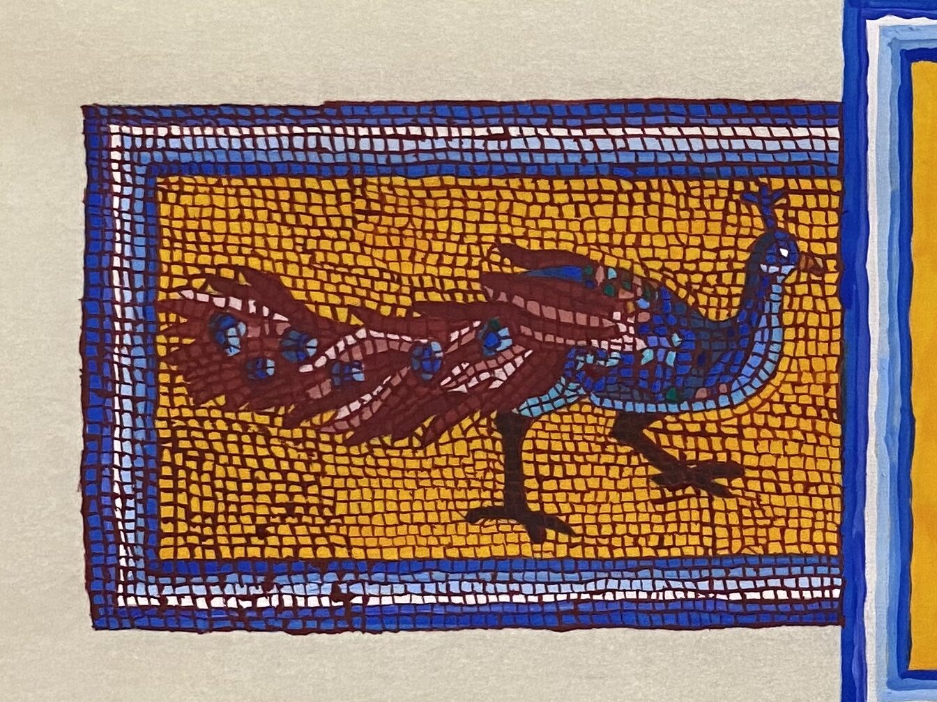 The same document. Detail of left peacock with grouting complete. The peacock has a kind of grid laid over the image to mimic mosaic tiling