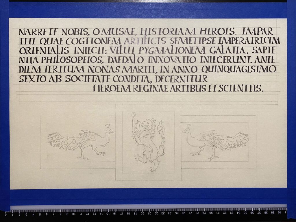 The same document. Inside the blocks are now the outlines of the badge of the A&S Champion in center and peacocks flanking it