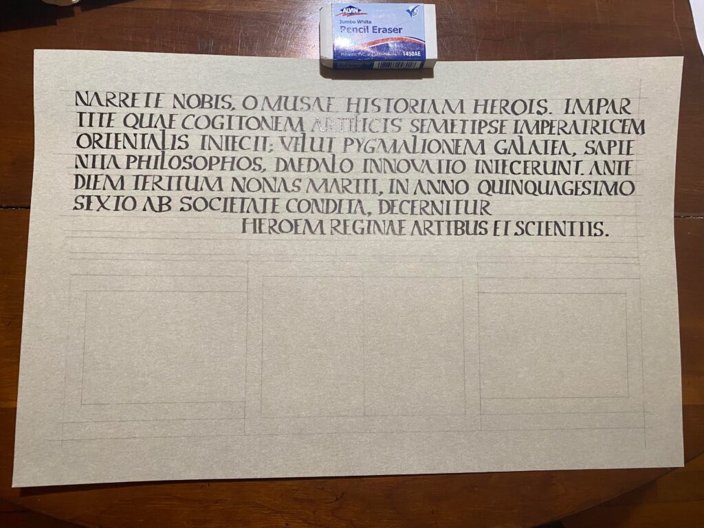 The same document. The lines are now filled with calligraphy. It is Latin written in square capitals.
