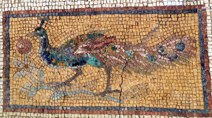 A mosaic of a peacock facing left, standing on a branch with a pomegranate on it.